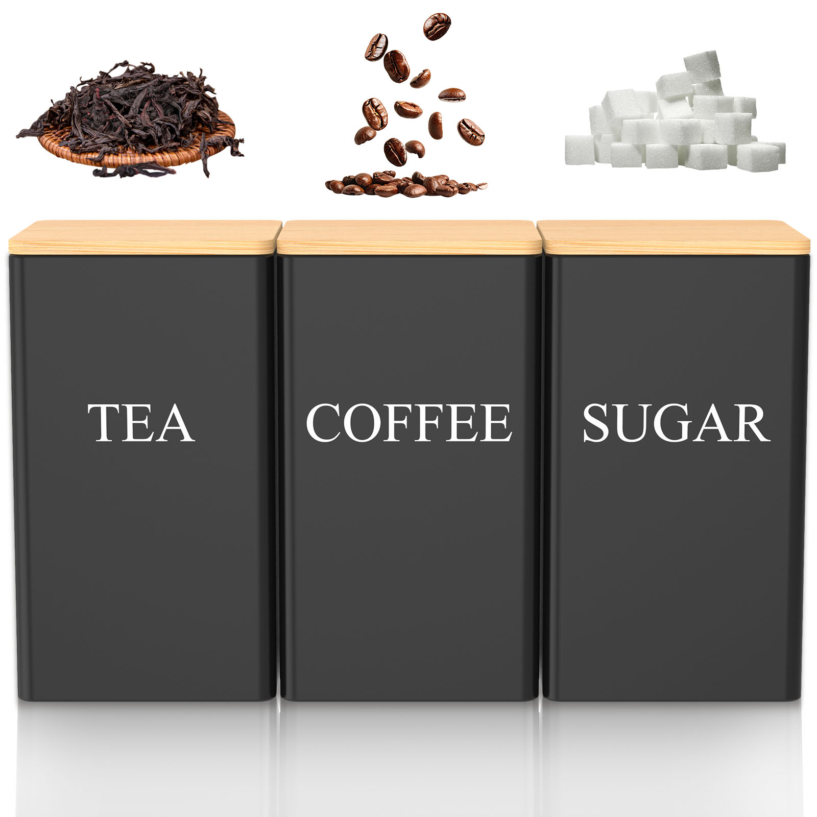 Coffee Tea Sugar Container Set - Ensemble de boîtes hermétiques en bambou