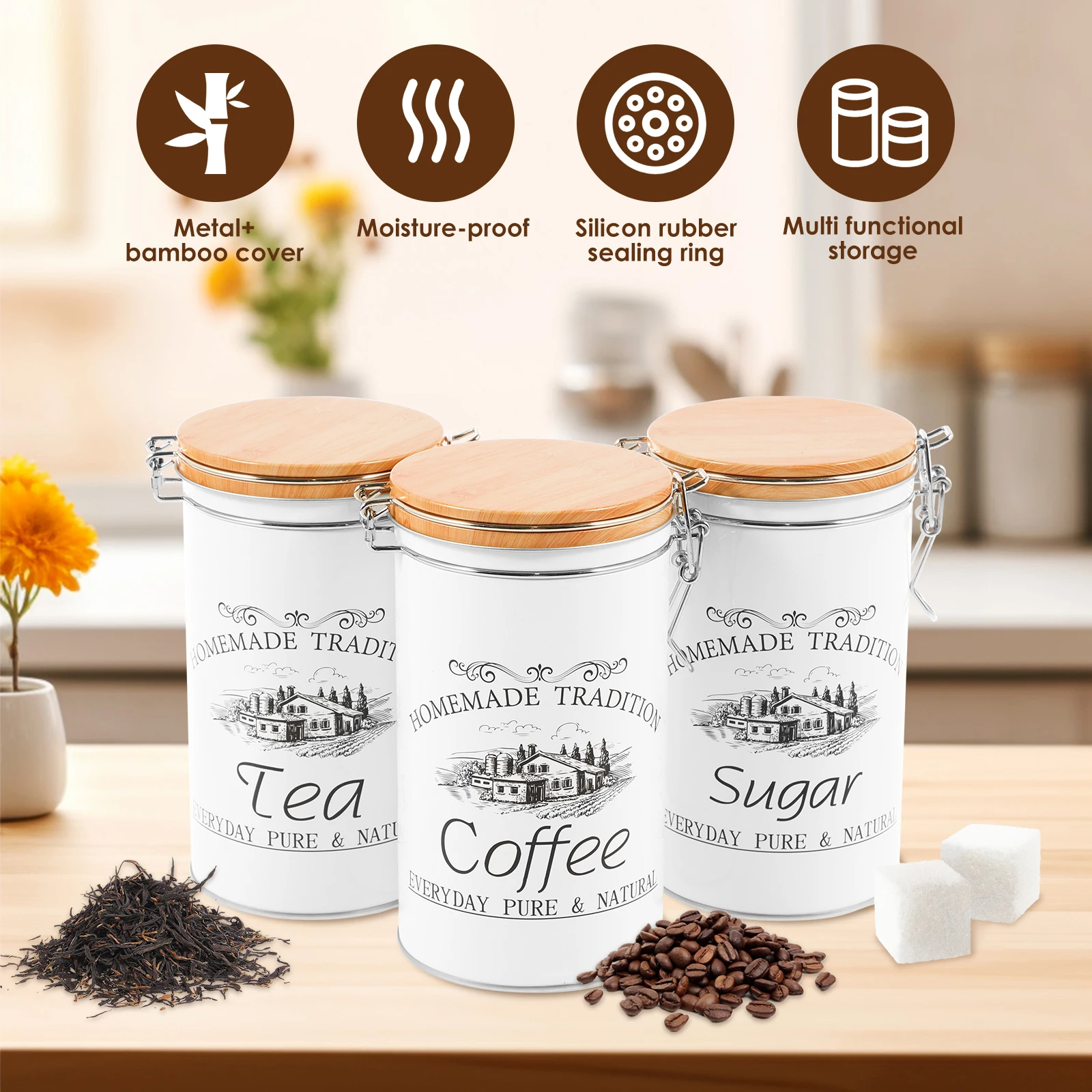 Lot de 3 boîtes à thé, café et - Coffee Tea And Sugar Canister Set avis et prix